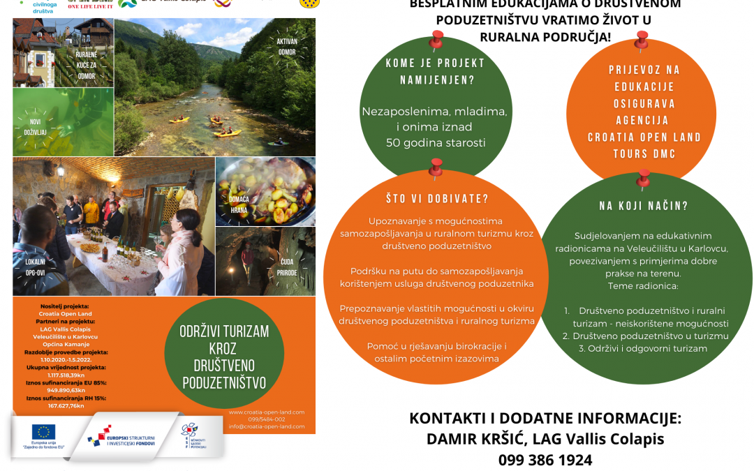 Obavijest o besplatnoj edukaciji u okviru projekta „Održivi turizam kroz društveno poduzetništvo“