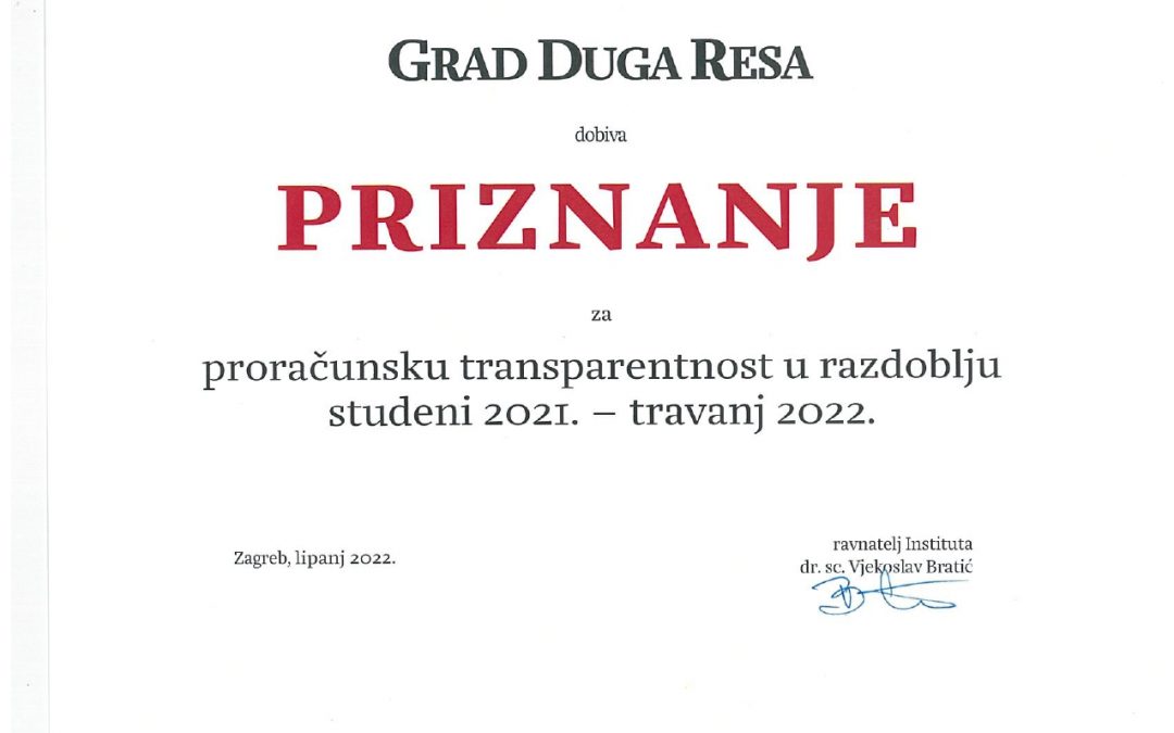 I OVE GODINE GRAD DUGA RESA DOBIO PRIZNANJE ZA TRANSPARENTNOST PRORAČUNA