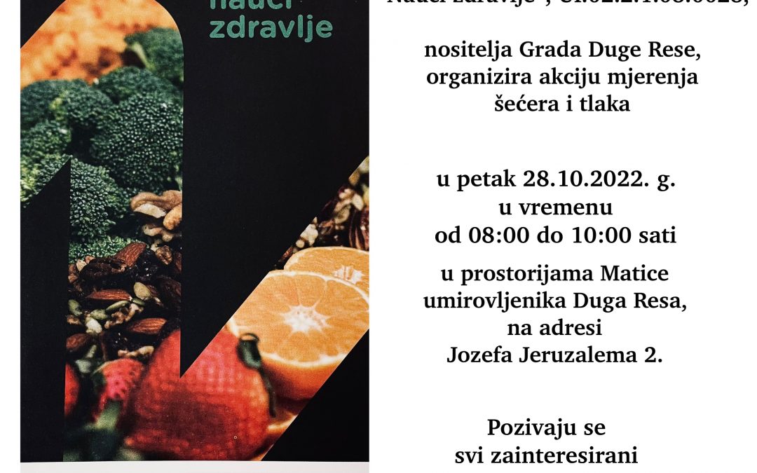 Druga akcija mjerenja tlaka i šećera u sklopu provedbe projekta Nauči zdravlje