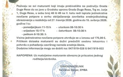Grad Duga Resa isplaćuje maturantima jednokratnu novčanu potporu za obilježavanje završetka srednjoškolskog obrazovanja